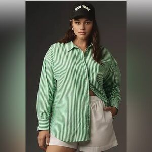 Anthropologie Maeve The Bennet Buttondown Shirt Striped Edition Sz XL Green